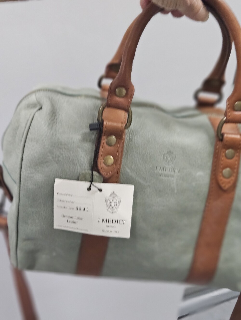 NWT 1 Medici Firenze Light Green Leather Satchel with Tan Trim
